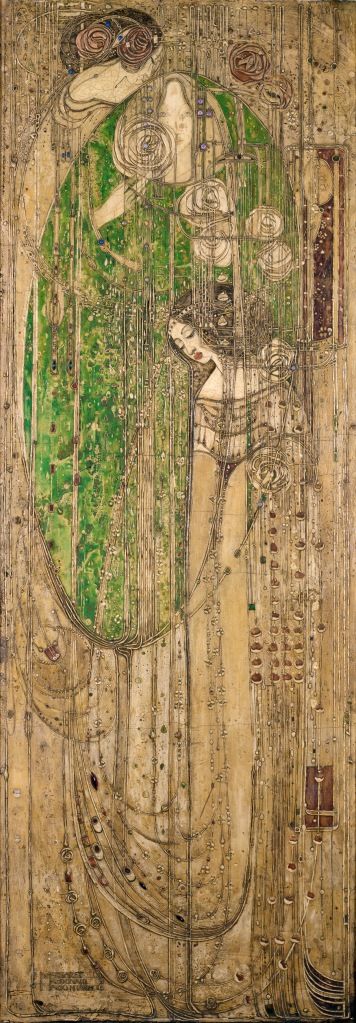 Margaret Macdonald Mackintosh, 'O Ye All Ye That Walk in Willowwood', 1902, gesso and glass beads, 1645 x 585 mm. Collection: Glasgow Museums. Gesso panel from Willow Tearooms entitled 'O ye, all ye that walk in Willowood', by Margaret Macdonald Mackintosh, 1902 E.2001.6